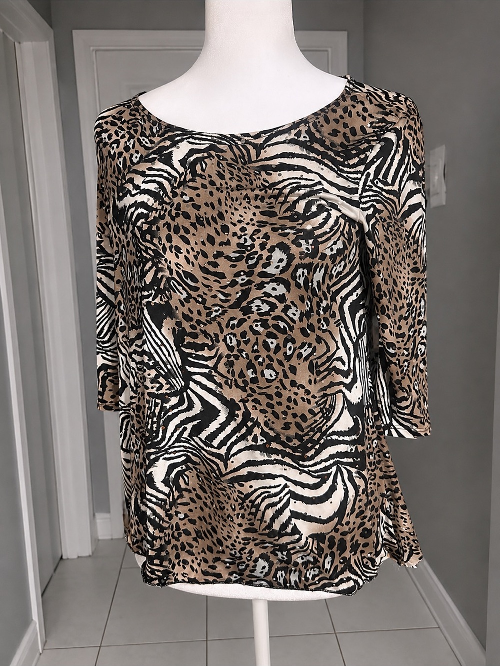 Brittany Black Animal-Print Boatneck Long Sleeve Top - Brown/Black/White
